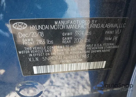 2019 Hyundai Elantra Se z USA, uszkodzony, nr VIN 5NPD74LF2KH453983